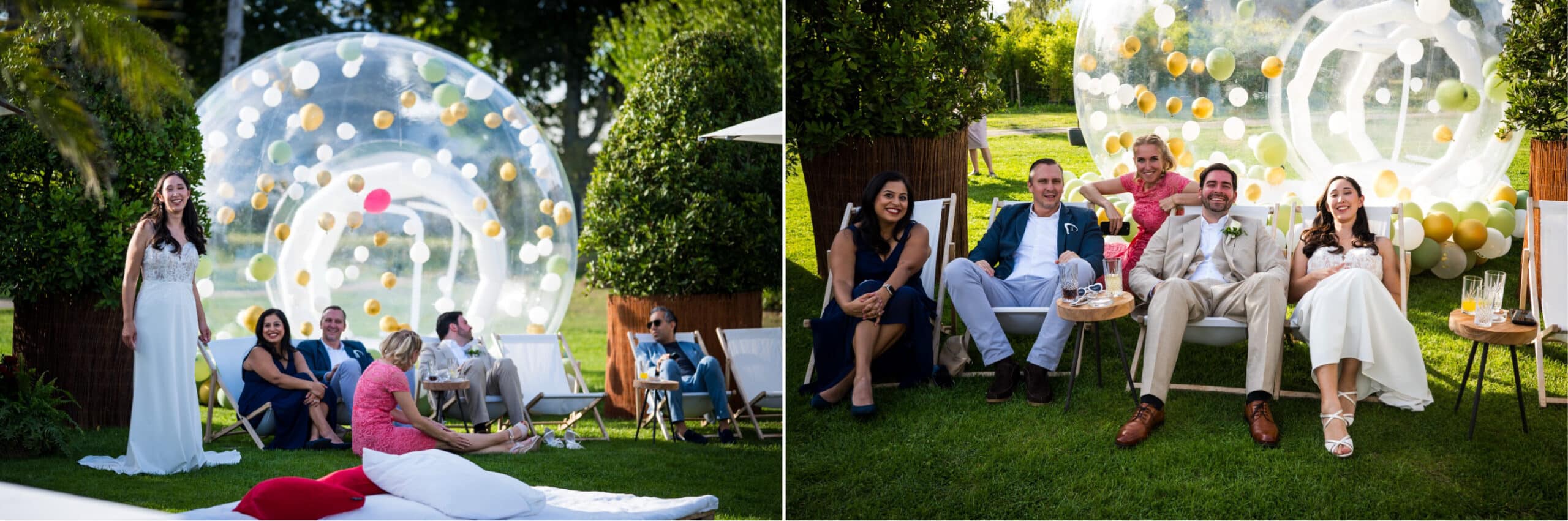 Gäste auf Lounge Möbel und im Hintergrund ein Hubble Haus