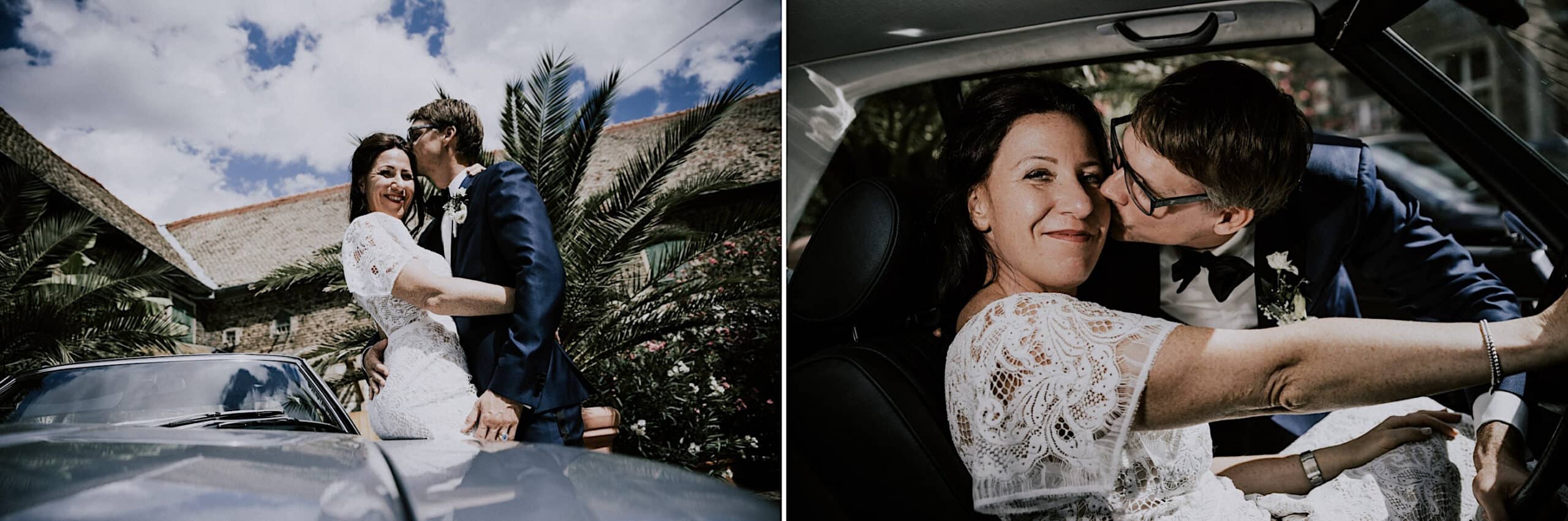 Brautpaar beim Shooting im Auto