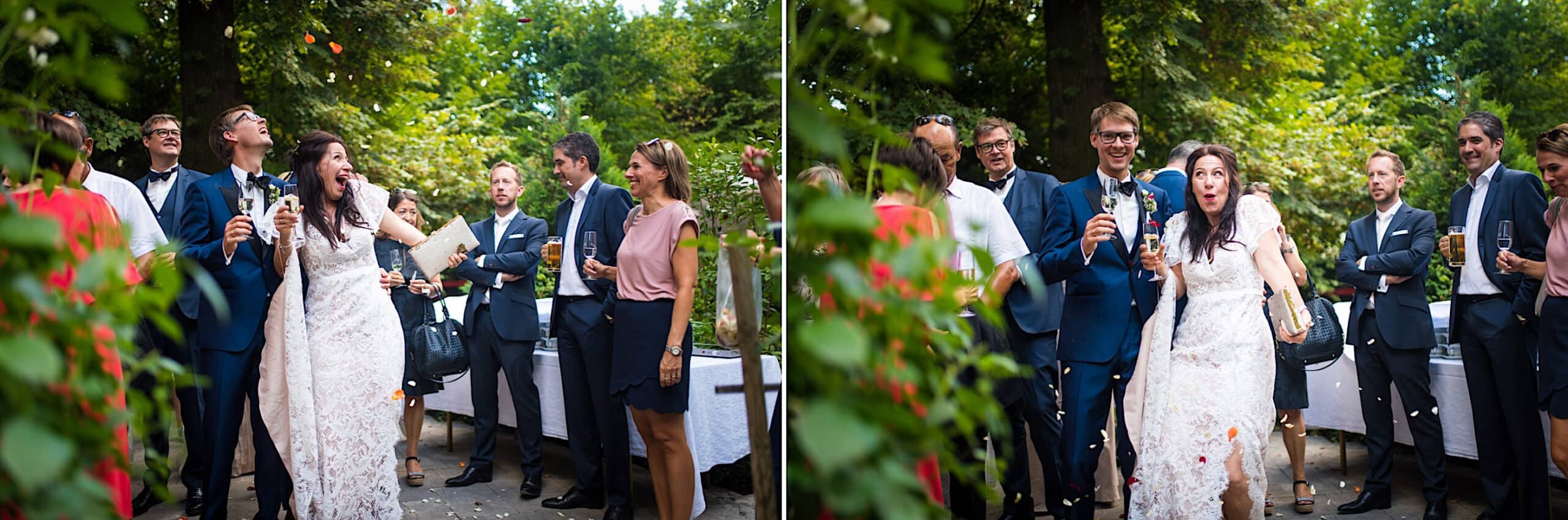Brautpaar im Park des Weinguts Junghof in Undenheim beim Sektempfang