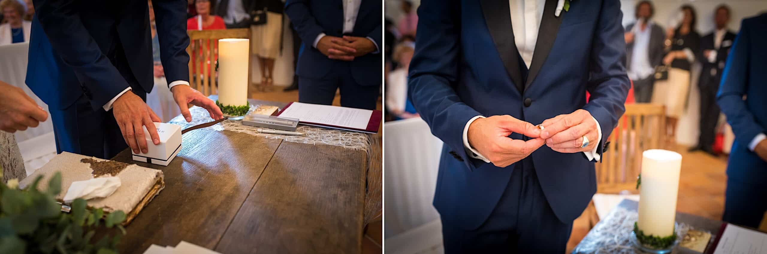 Bräutigam öffnet die Ringschachtel und holt einen Ring raus