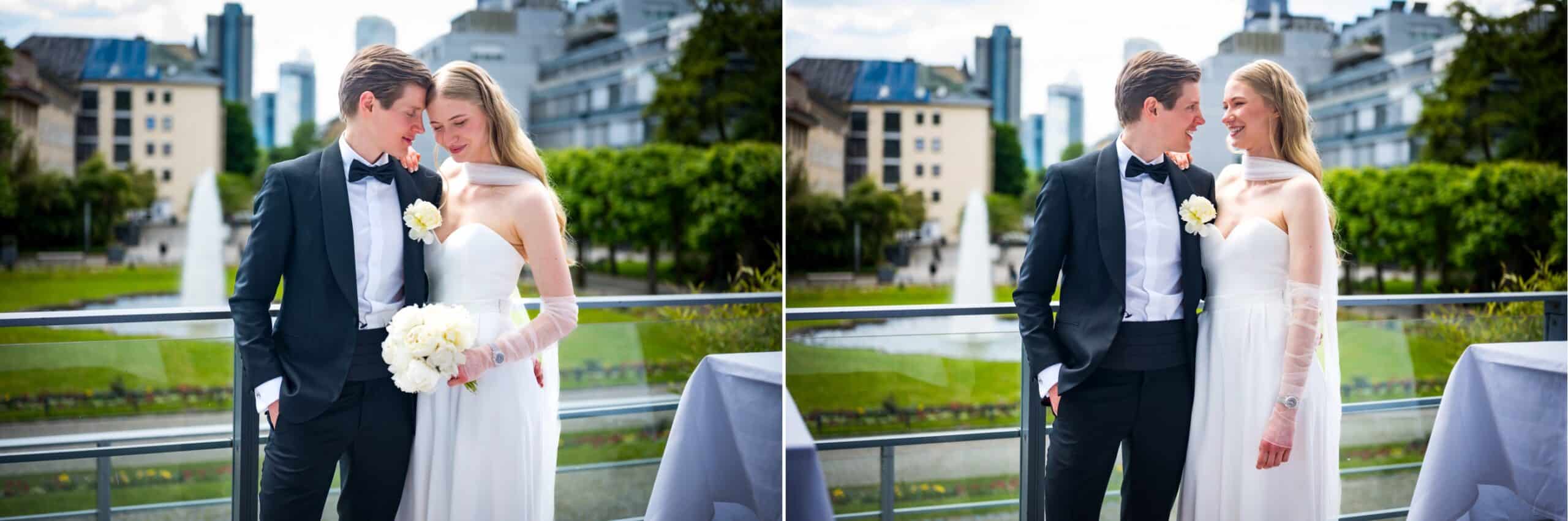 Brautpaar verliebt vereint auf der Terrasse des Gästehauses im Palmengarten Frankfurt am Min