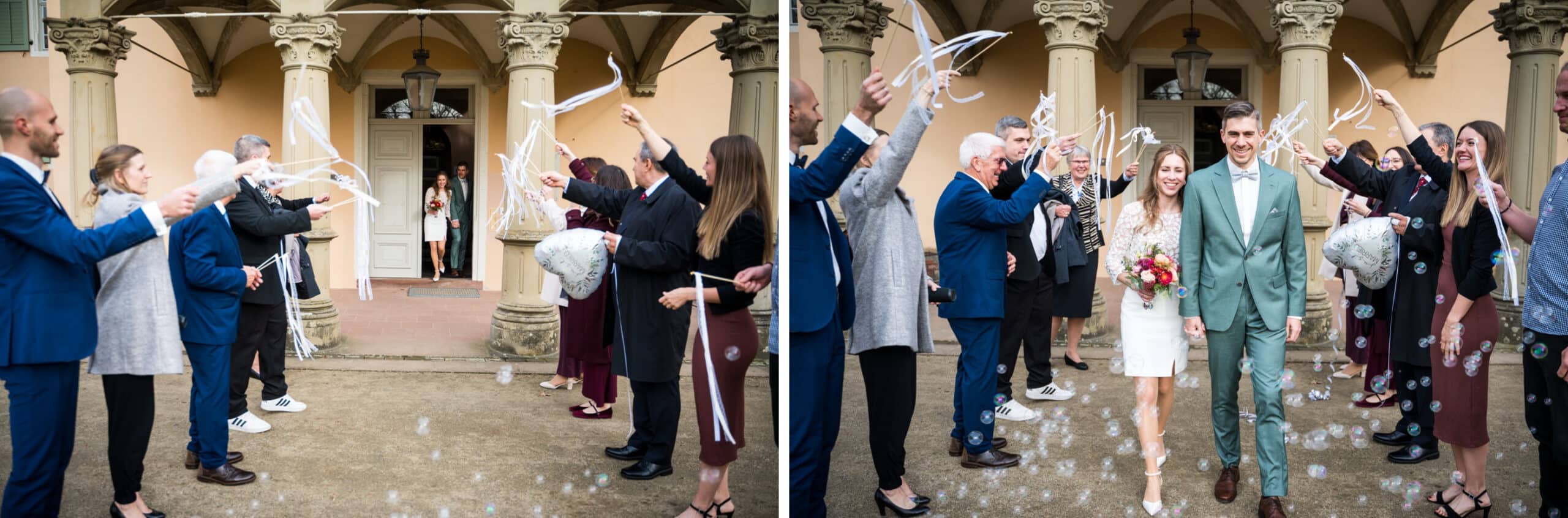 Brautpaar zieht aus dem Trausaal aus und lässt sich feiern Jagdschloss Kranichstein in Darmstadt