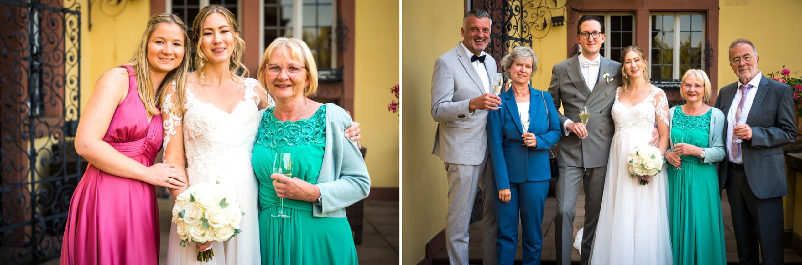 Glückliche Braut mit Familie und Freunden bei Hochzeit im Schloss Vollrads.